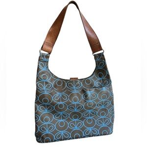 Orla Kiely Shoulder Bag Brown Blue Flower Stem Graphic Leather Shoulder Strap